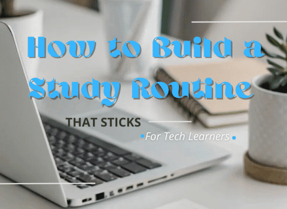 A clean workspace with a laptop, notebook, and small plant—representing focus and consistency while learning tech skills.