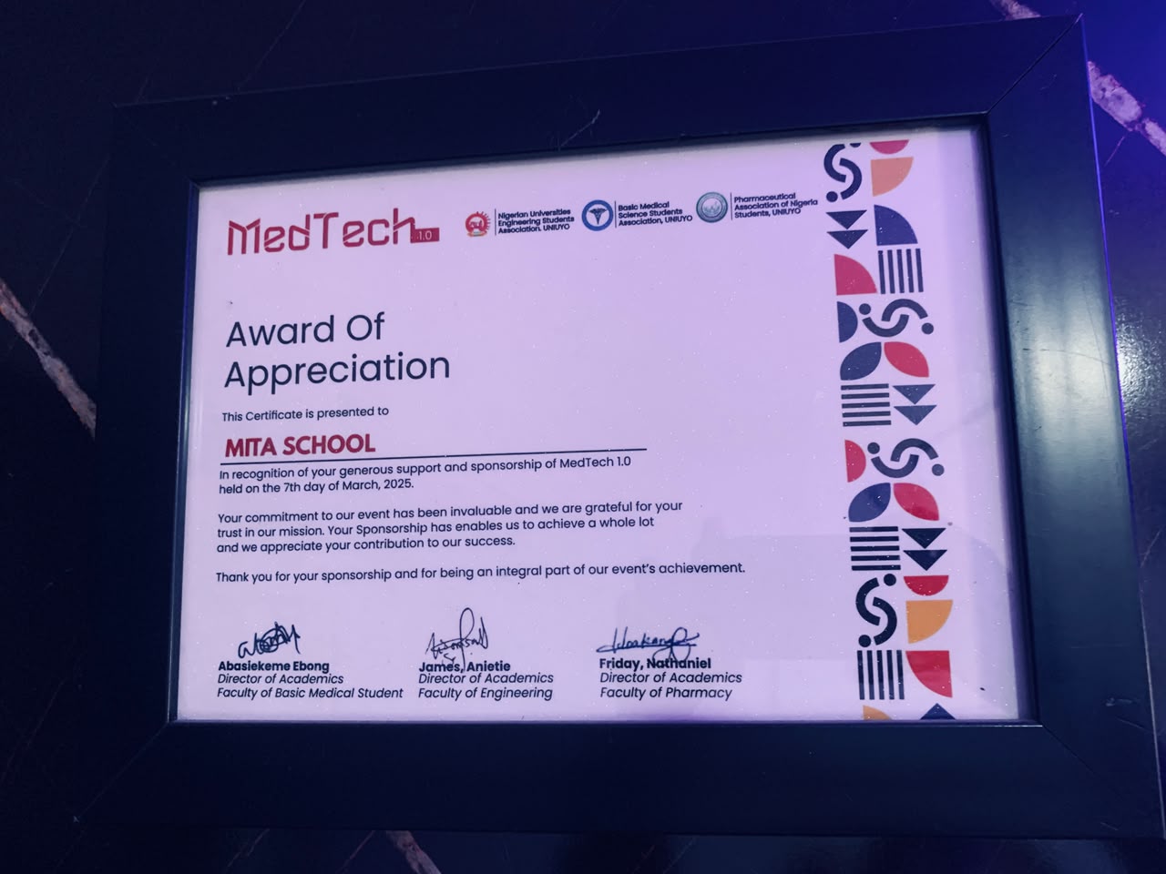 MedTech 1.0 Award of Appreciation Mita School received an Award of Appreciation during MedTech 1.0 in recognition of its sponsorship and support for innovation and educational advancement initiatives.