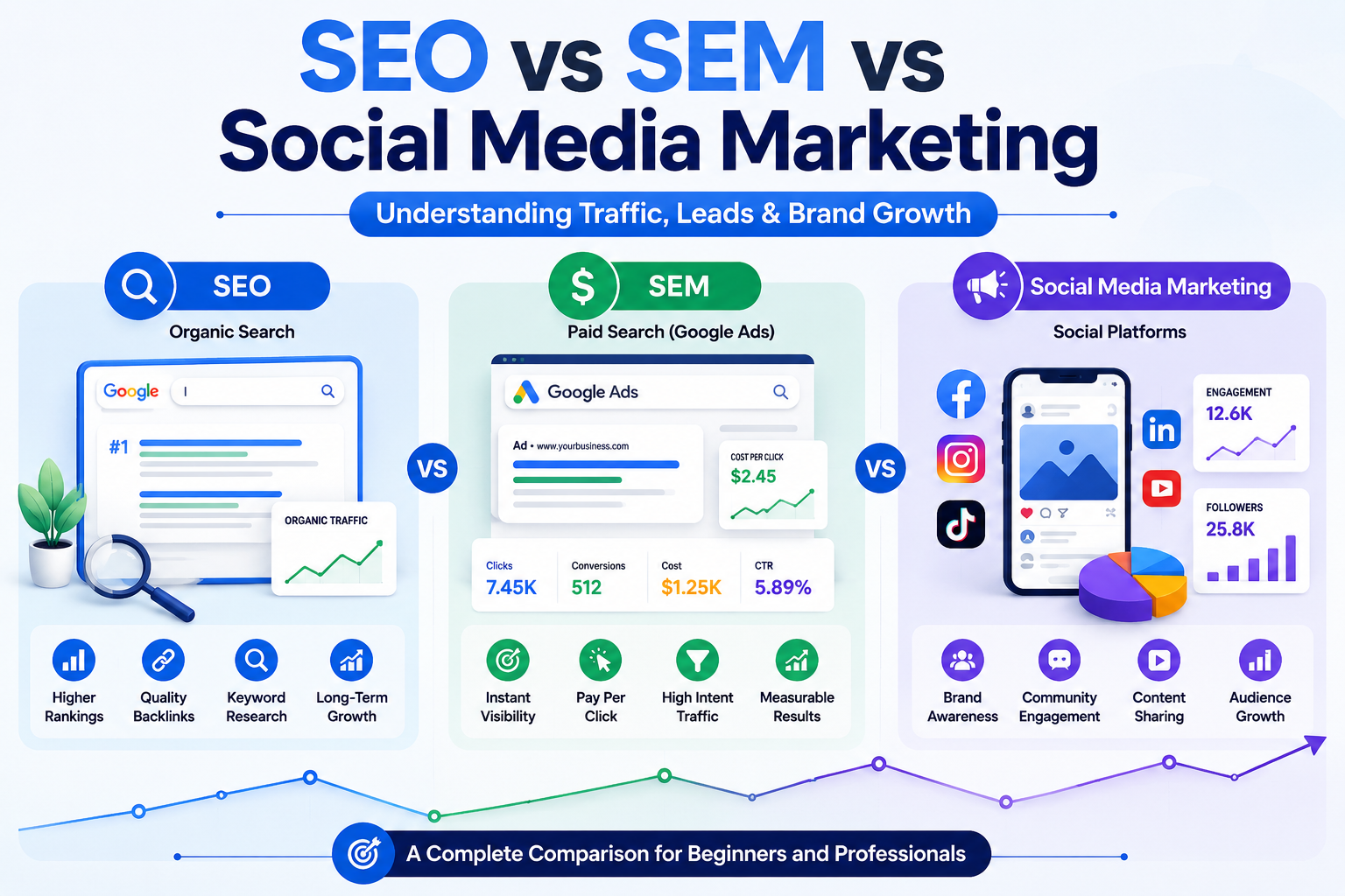 SEO vs SEM vs Social Media Marketing